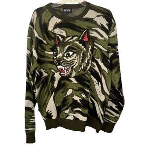RIPNDIP Green Camo Swirl Sweater with Crazy Embroidered Cat Size Large